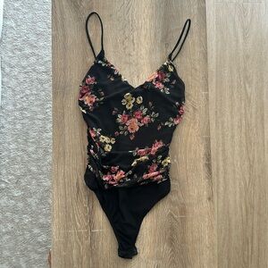 Lulu’s Black Floral Print Ruched Mesh Bodysuit